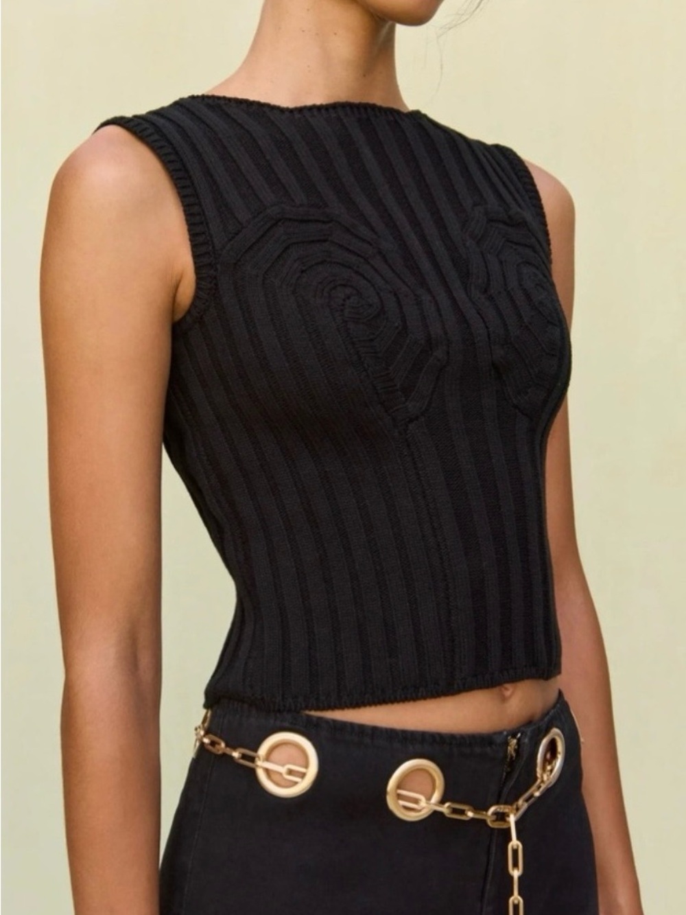 Cult Gaia Anzu Black Sculptural Ribbed Knit Top